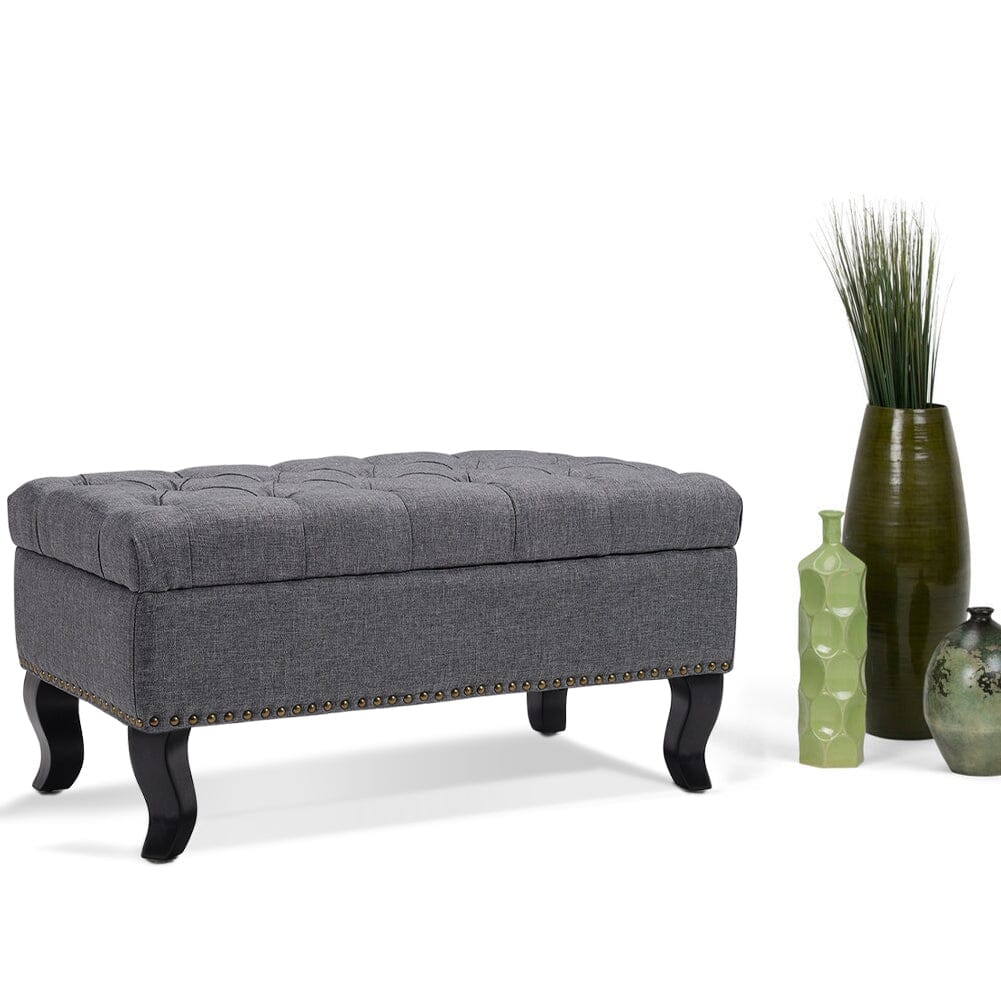 Chesterfield Style Tufted Bench Grey Linen with Nailhead Trim Living and Home 