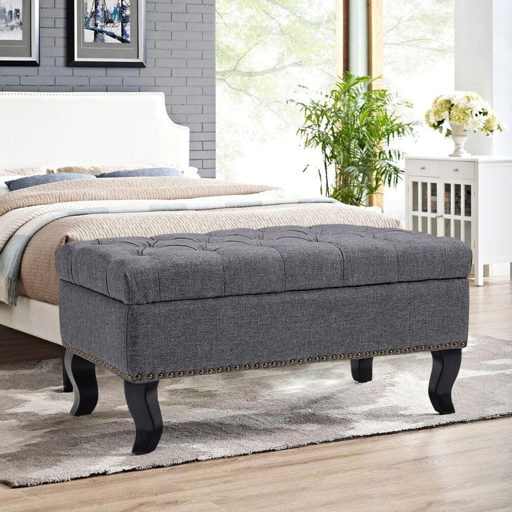 Chesterfield Style Tufted Bench Grey Linen with Nailhead Trim Living and Home 