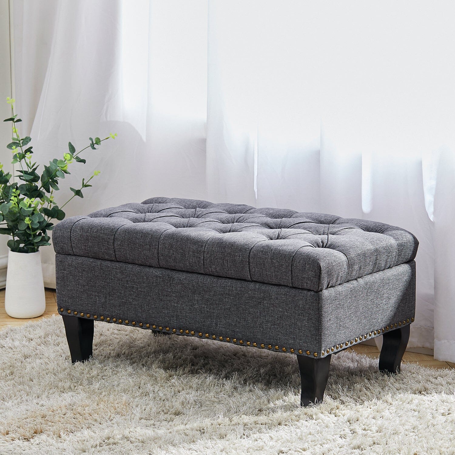 Chesterfield Style Tufted Bench Grey Linen with Nailhead Trim Living and Home 
