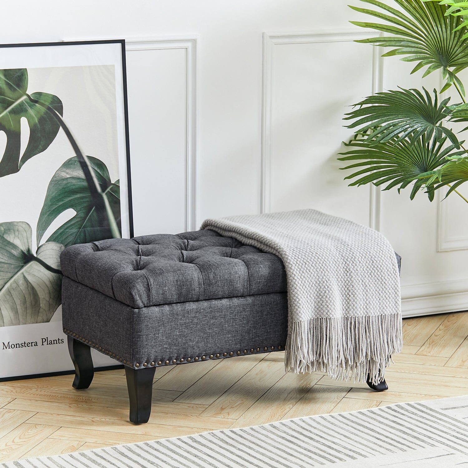 Chesterfield Style Tufted Bench Grey Linen with Nailhead Trim Living and Home 