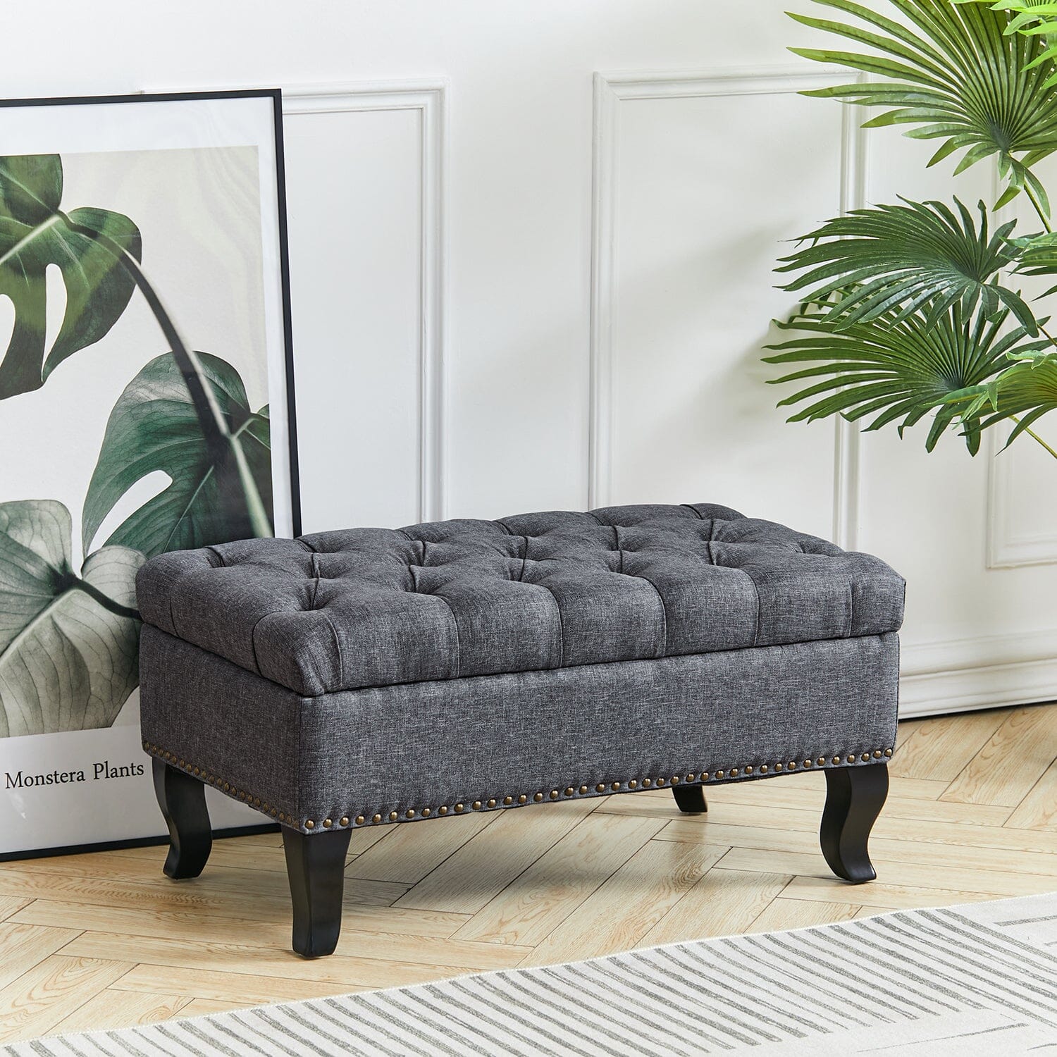 Chesterfield Style Tufted Bench Grey Linen with Nailhead Trim Living and Home 