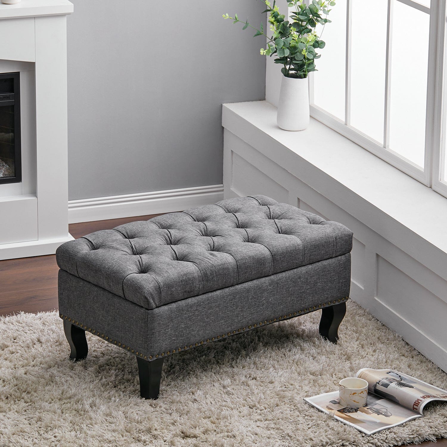 Chesterfield Style Tufted Bench Grey Linen with Nailhead Trim Living and Home 