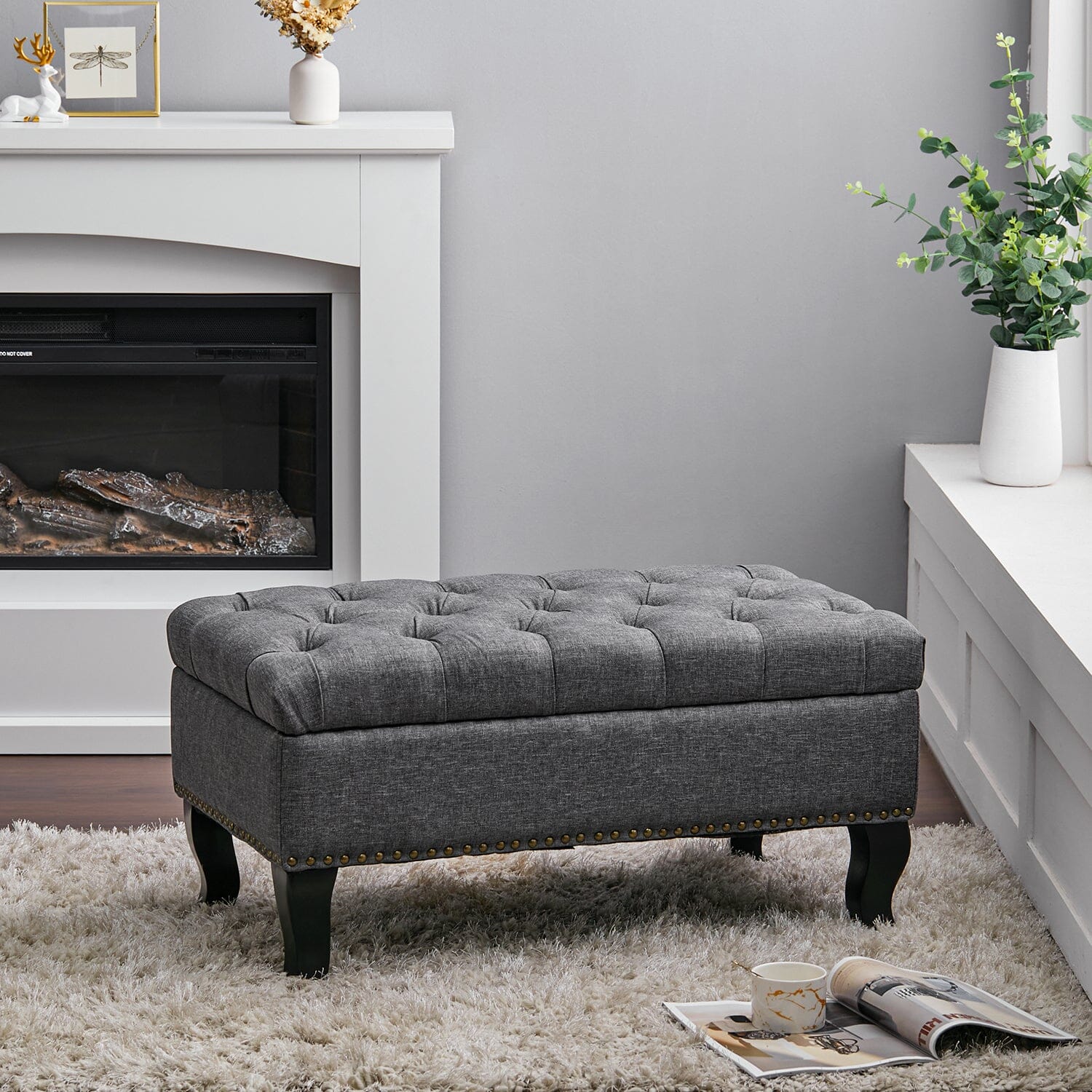 Chesterfield Style Tufted Bench Grey Linen with Nailhead Trim Living and Home 