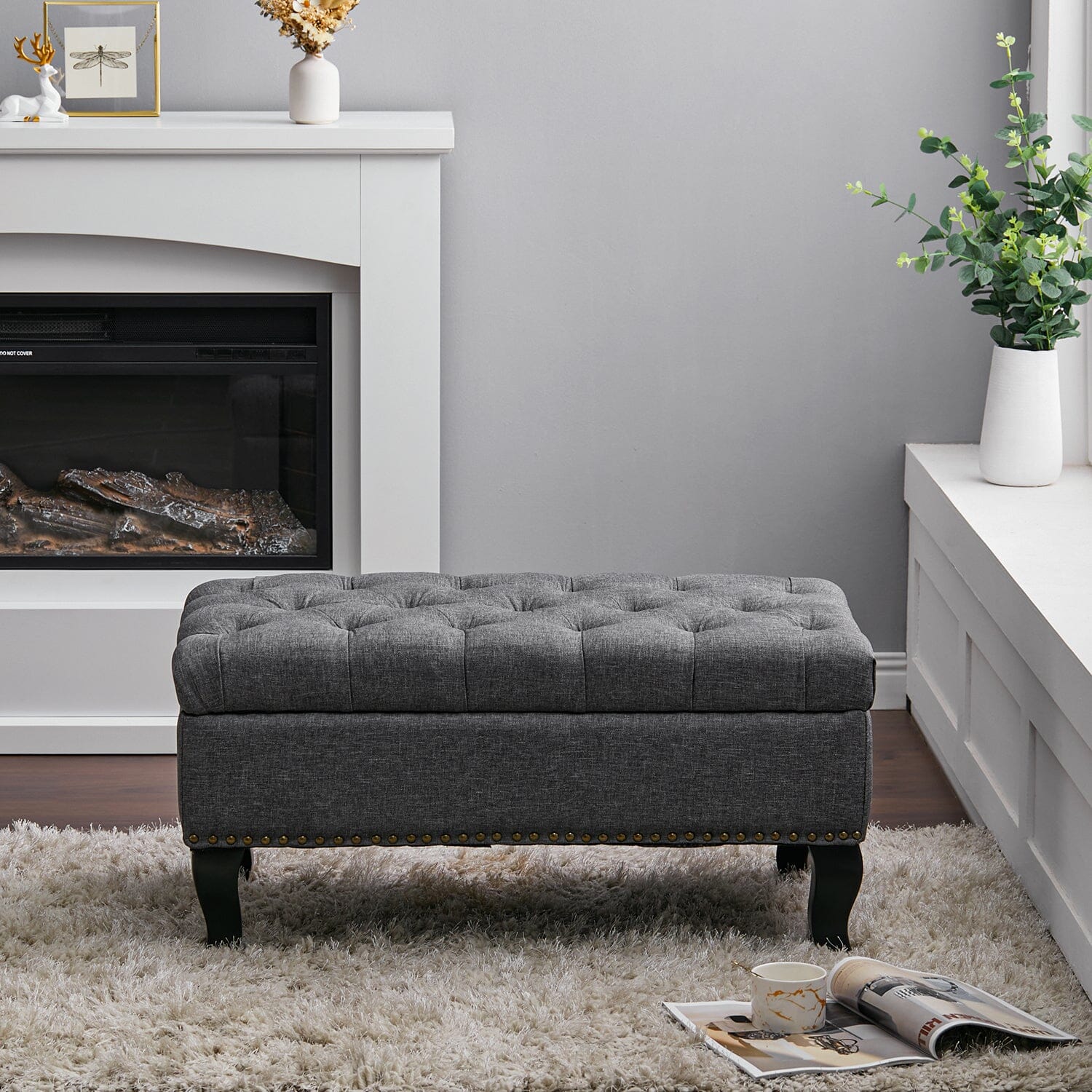 Chesterfield Style Tufted Bench Grey Linen with Nailhead Trim Living and Home 