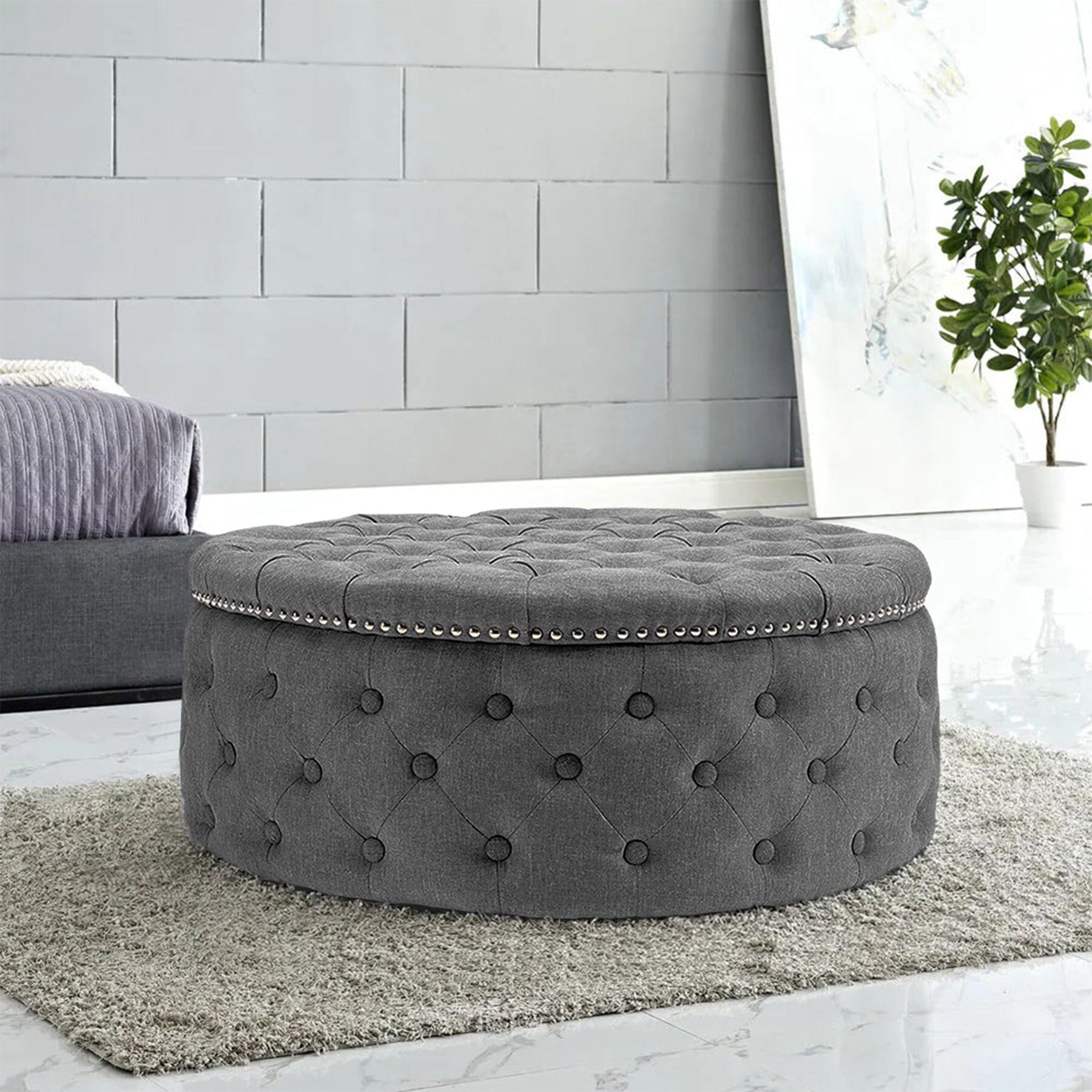 Chesterfield Style Round Ottoman Linen Fabric with Nailhead Trim Living and Home Light Grey 