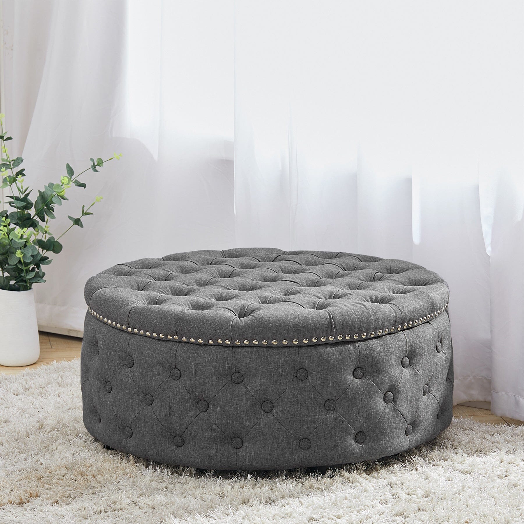 Chesterfield Style Round Ottoman Linen Fabric with Nailhead Trim Living and Home 