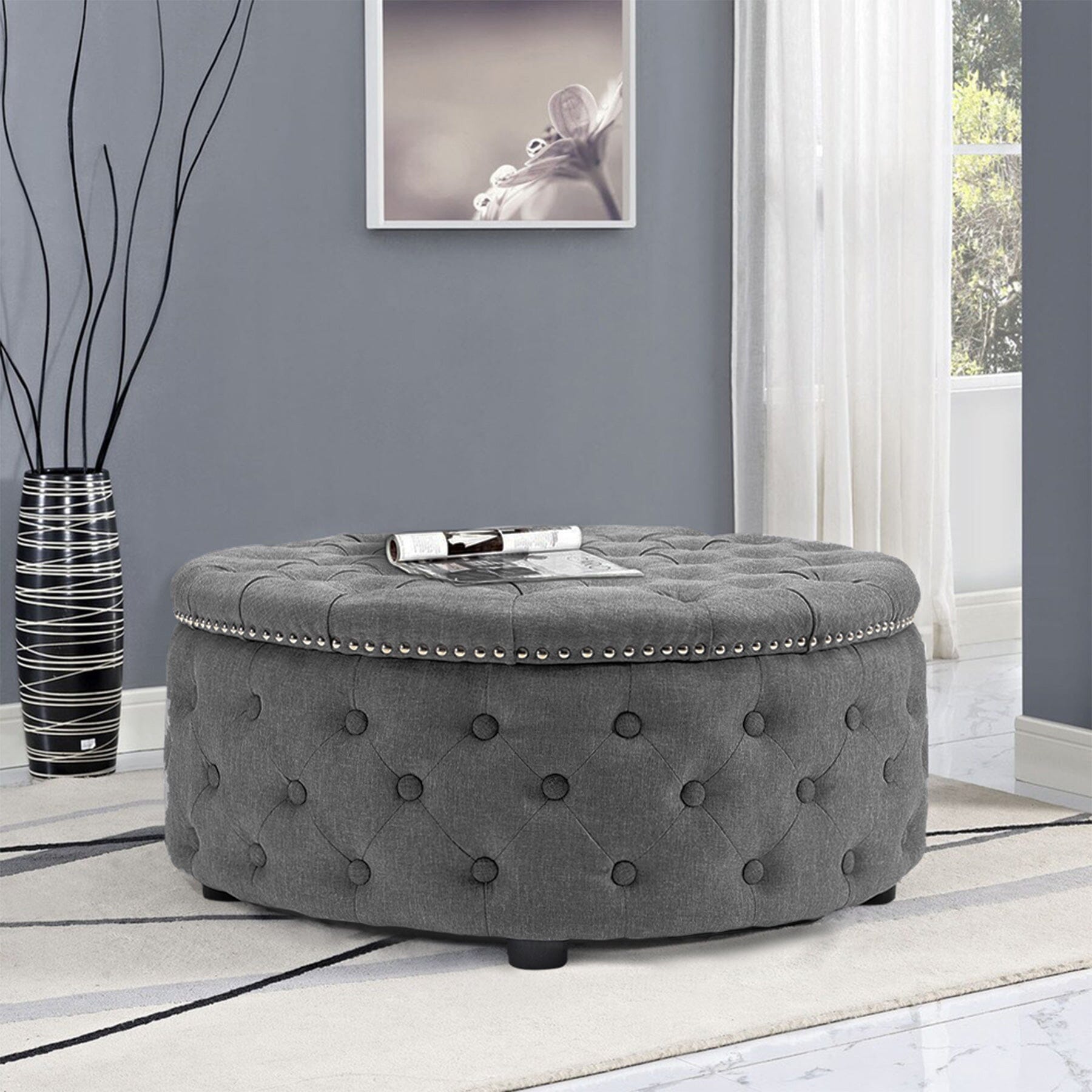 Chesterfield Style Round Ottoman Linen Fabric with Nailhead Trim Living and Home 