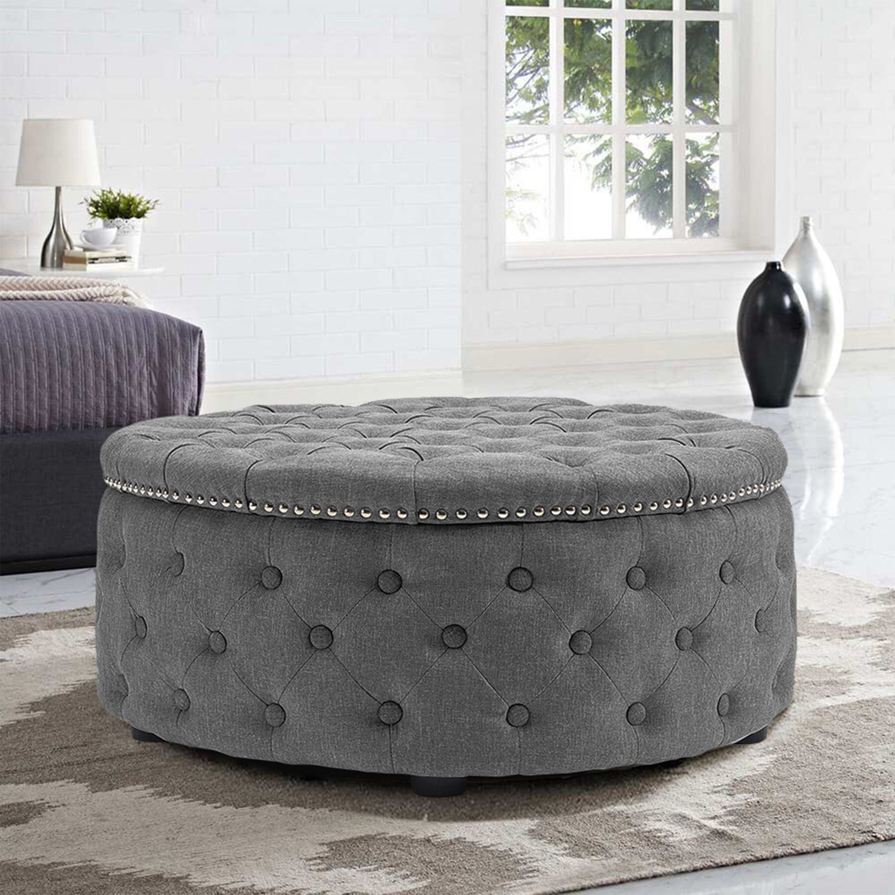 Chesterfield Style Round Ottoman Linen Fabric with Nailhead Trim Living and Home 