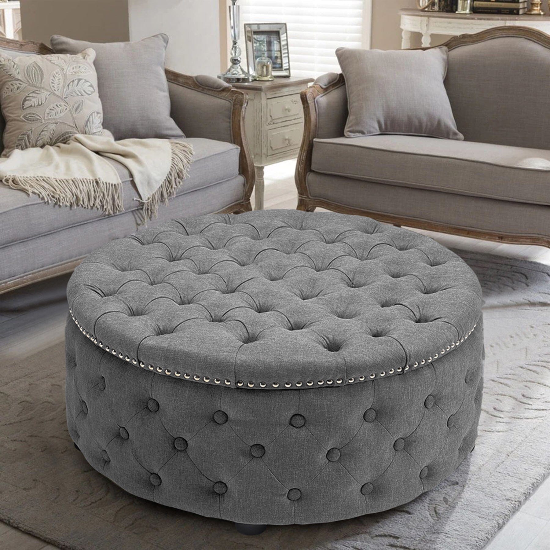 Chesterfield Style Round Ottoman Linen Fabric with Nailhead Trim Living and Home 