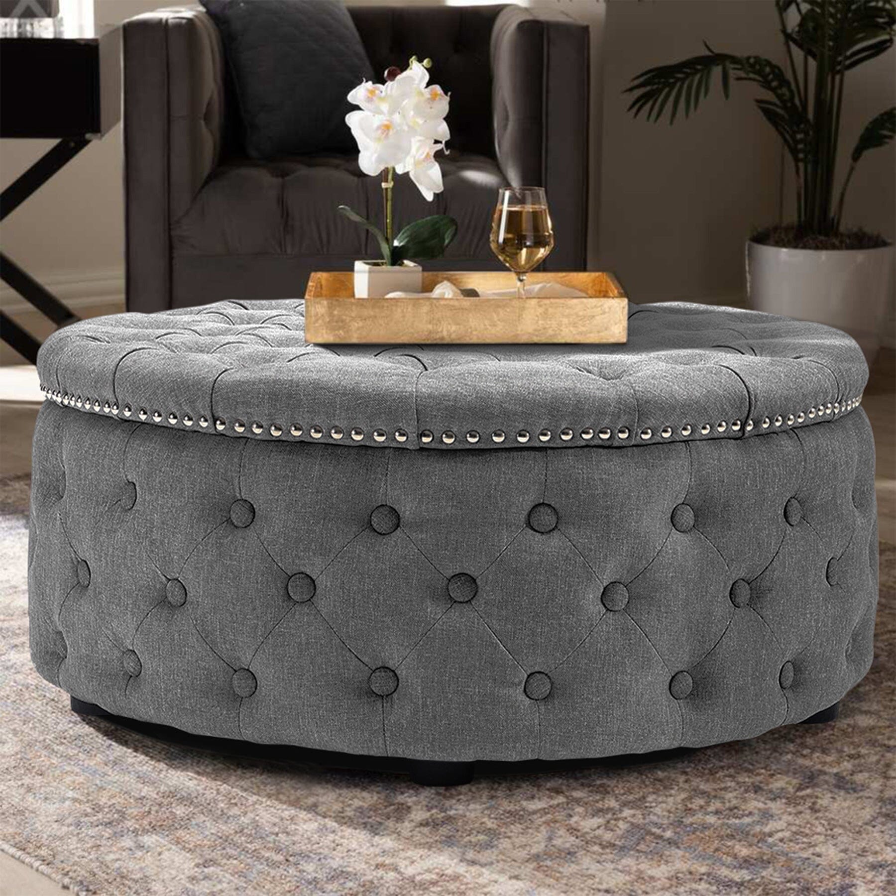 Chesterfield Style Round Ottoman Linen Fabric with Nailhead Trim Living and Home 
