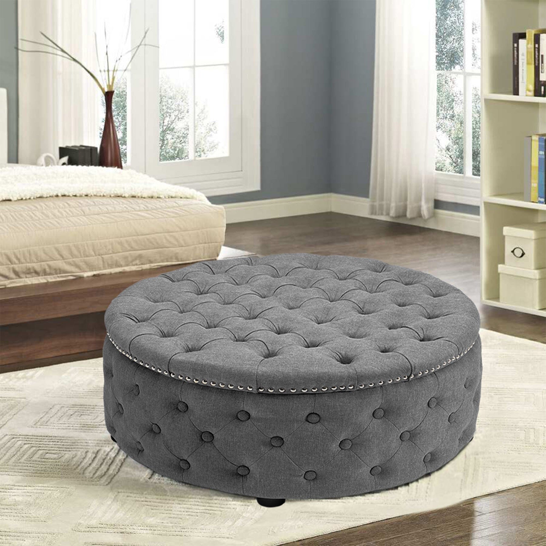 Chesterfield Style Round Ottoman Linen Fabric with Nailhead Trim Living and Home 