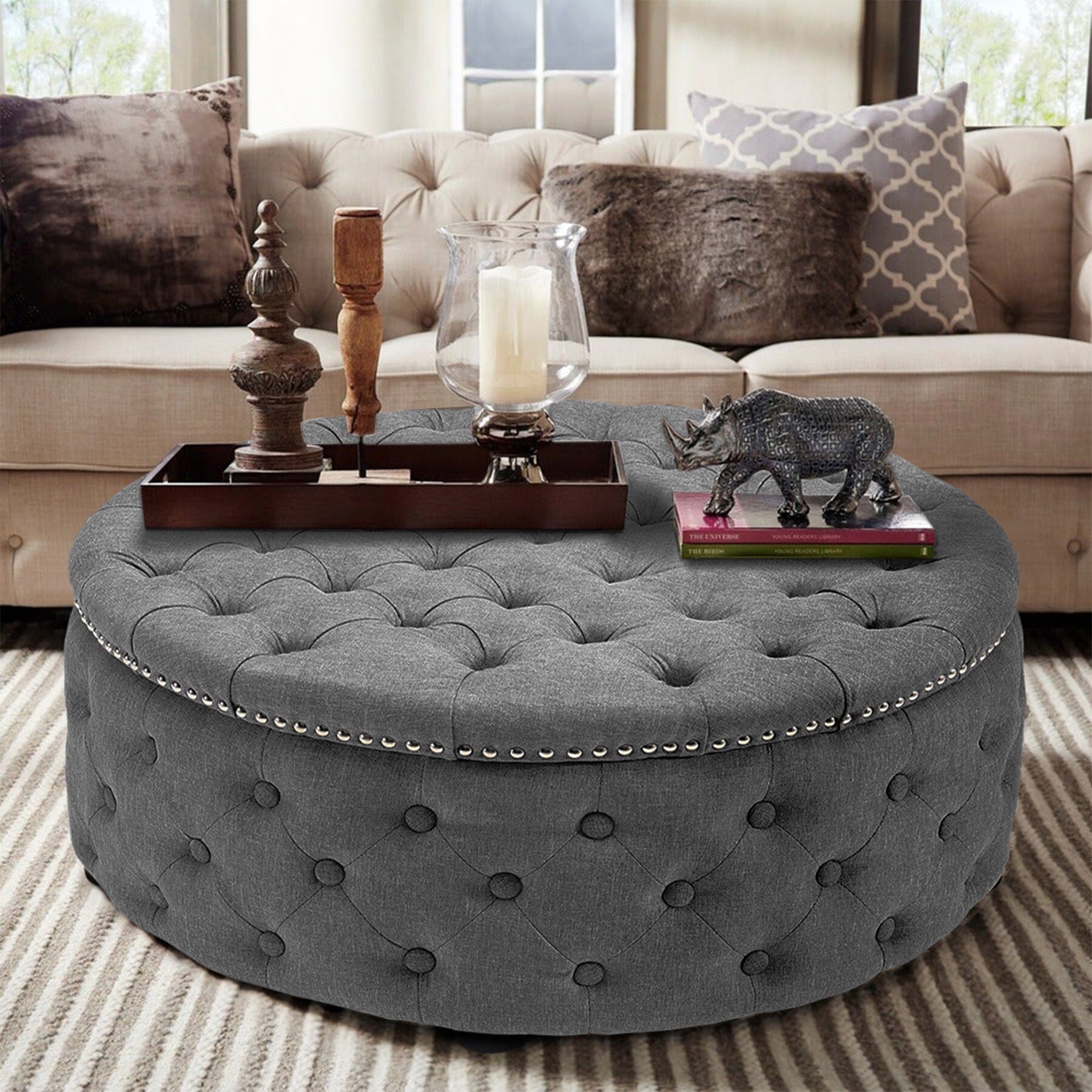 Chesterfield Style Round Ottoman Linen Fabric with Nailhead Trim Living and Home 