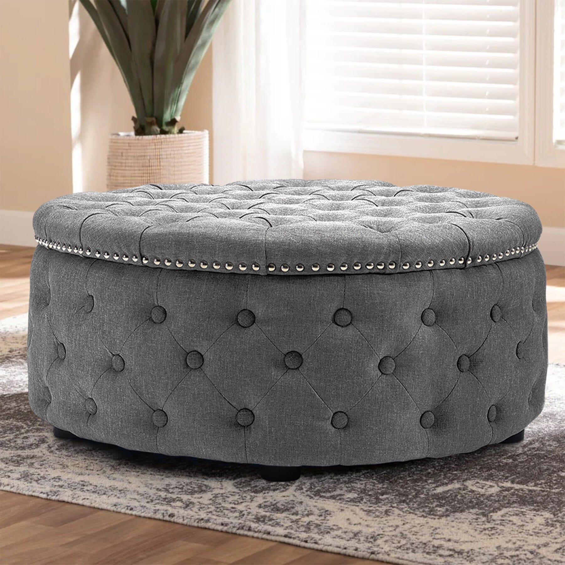 Chesterfield Style Round Ottoman Linen Fabric with Nailhead Trim Living and Home 