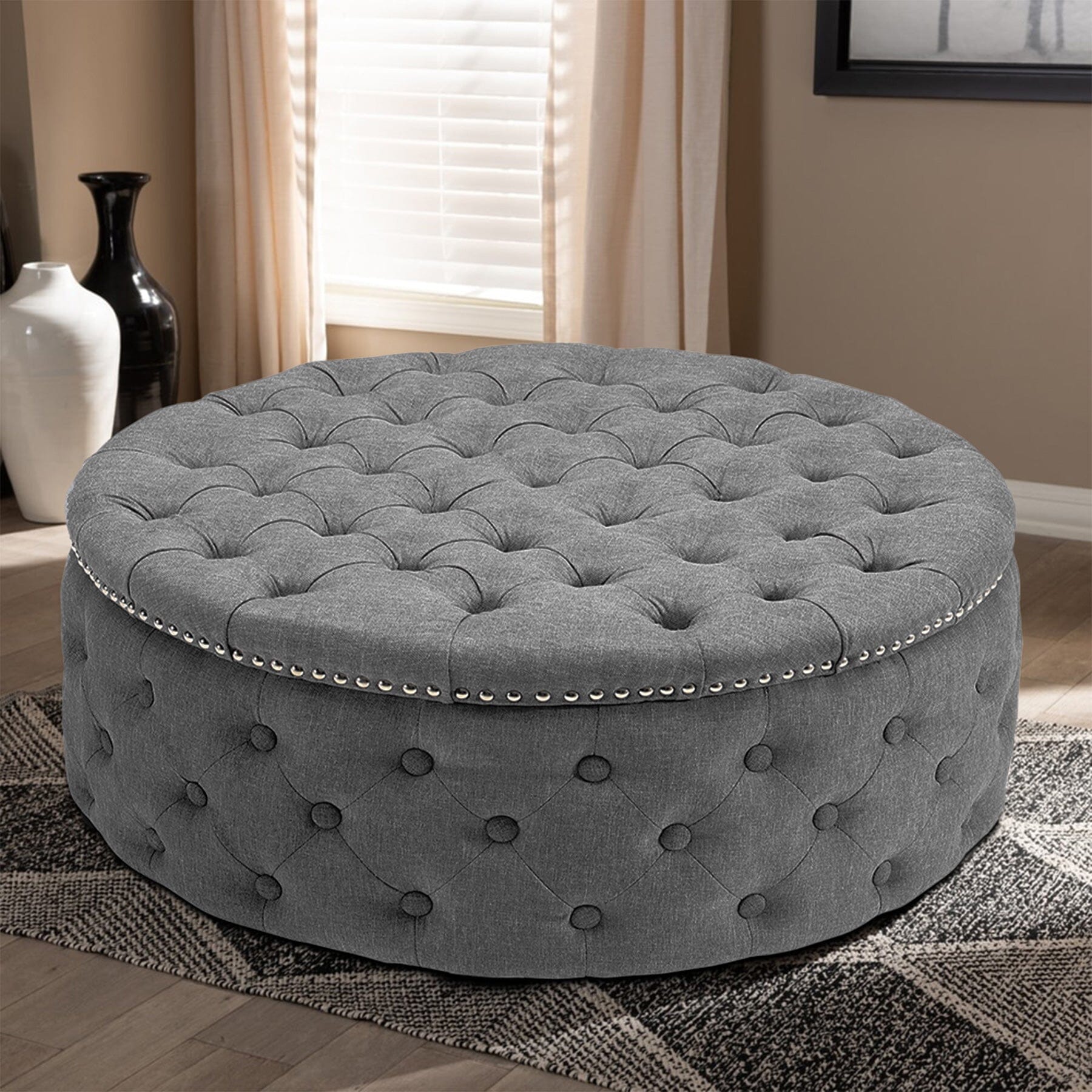 Chesterfield Style Round Ottoman Linen Fabric with Nailhead Trim Living and Home 