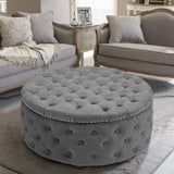 Linen Tufted Round Cocktail Ottoman with Solid Wood Footstools Living and Home 