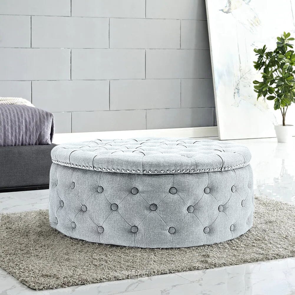 Chesterfield Style Round Ottoman Linen Fabric with Nailhead Trim Living and Home Off White 
