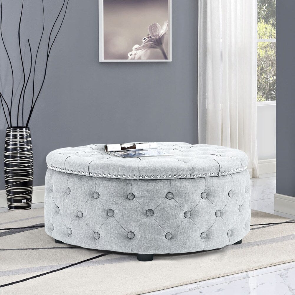 Chesterfield Style Round Ottoman Linen Fabric with Nailhead Trim Living and Home 