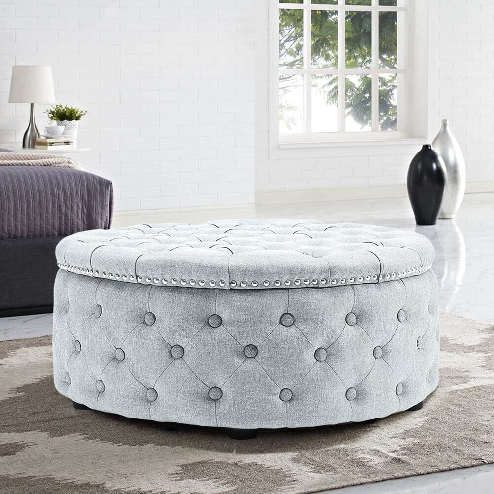 Chesterfield Style Round Ottoman Linen Fabric with Nailhead Trim Living and Home 