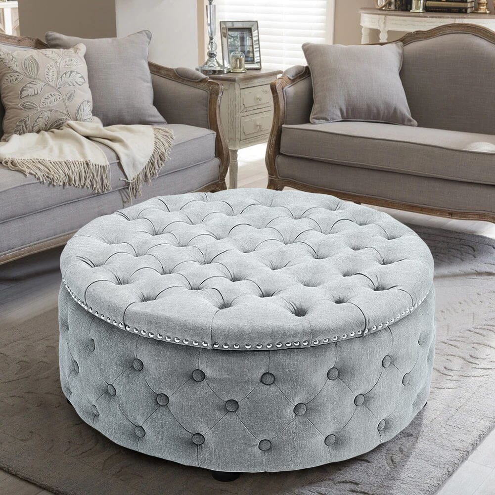 Chesterfield Style Round Ottoman Linen Fabric with Nailhead Trim Living and Home 