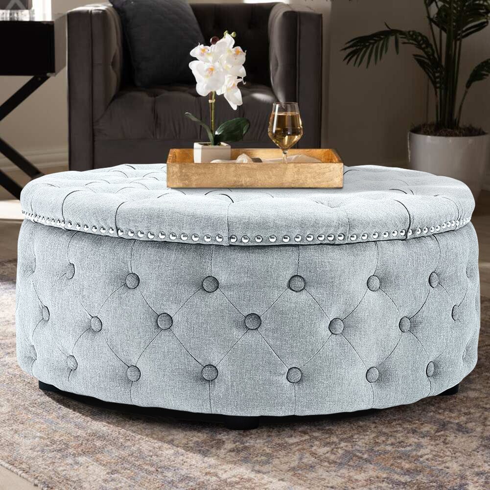Chesterfield Style Round Ottoman Linen Fabric with Nailhead Trim Living and Home 