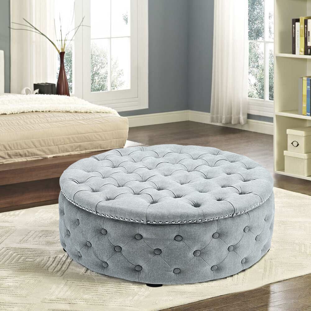 Chesterfield Style Round Ottoman Linen Fabric with Nailhead Trim Living and Home 