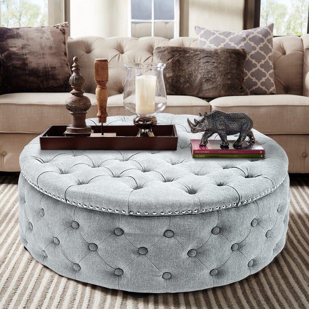 Chesterfield Style Round Ottoman Linen Fabric with Nailhead Trim Living and Home 