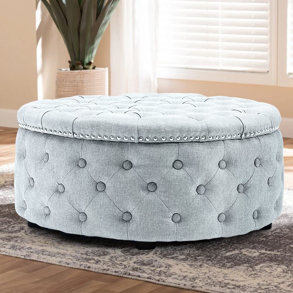 Chesterfield Style Round Ottoman Linen Fabric with Nailhead Trim Living and Home 