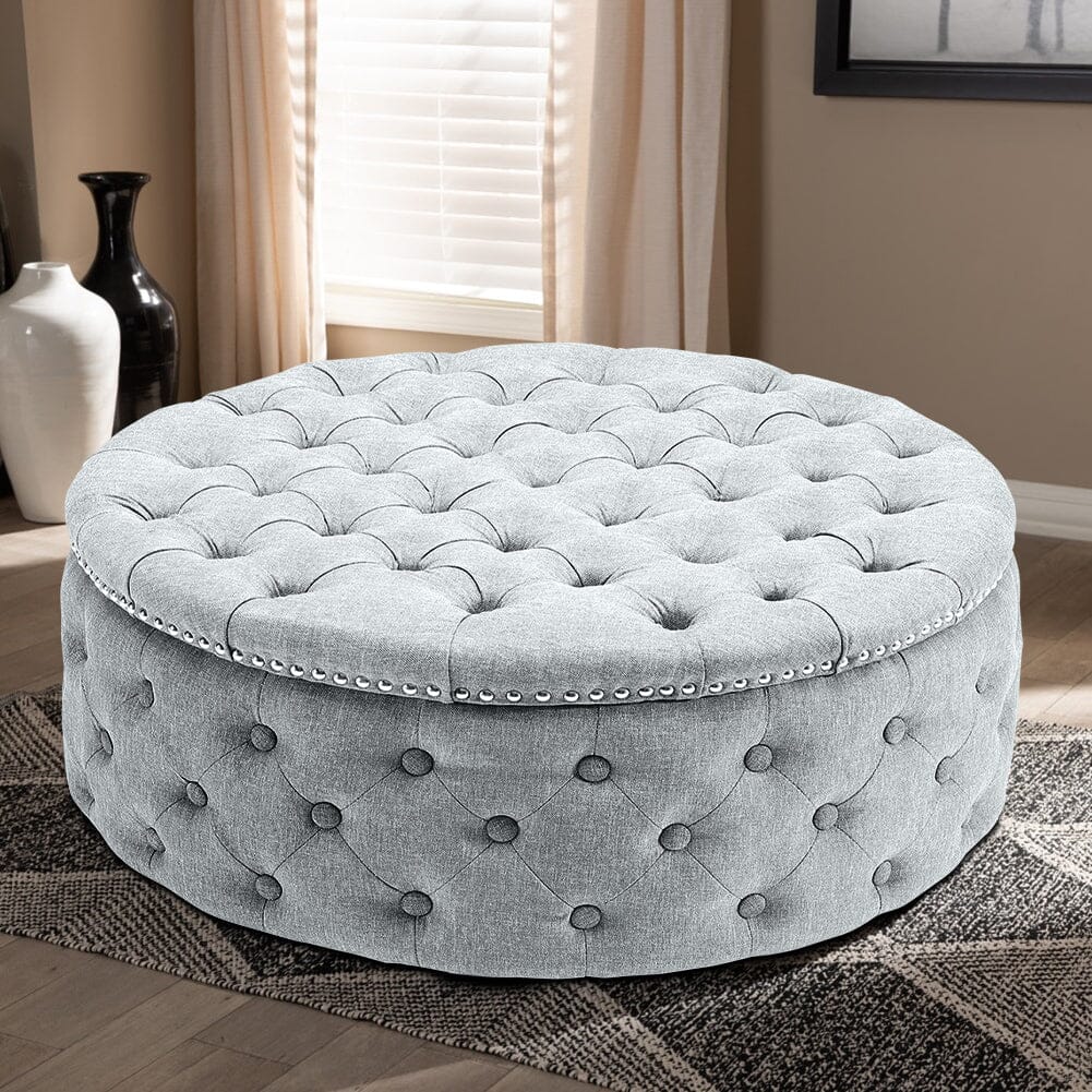 Chesterfield Style Round Ottoman Linen Fabric with Nailhead Trim Living and Home 