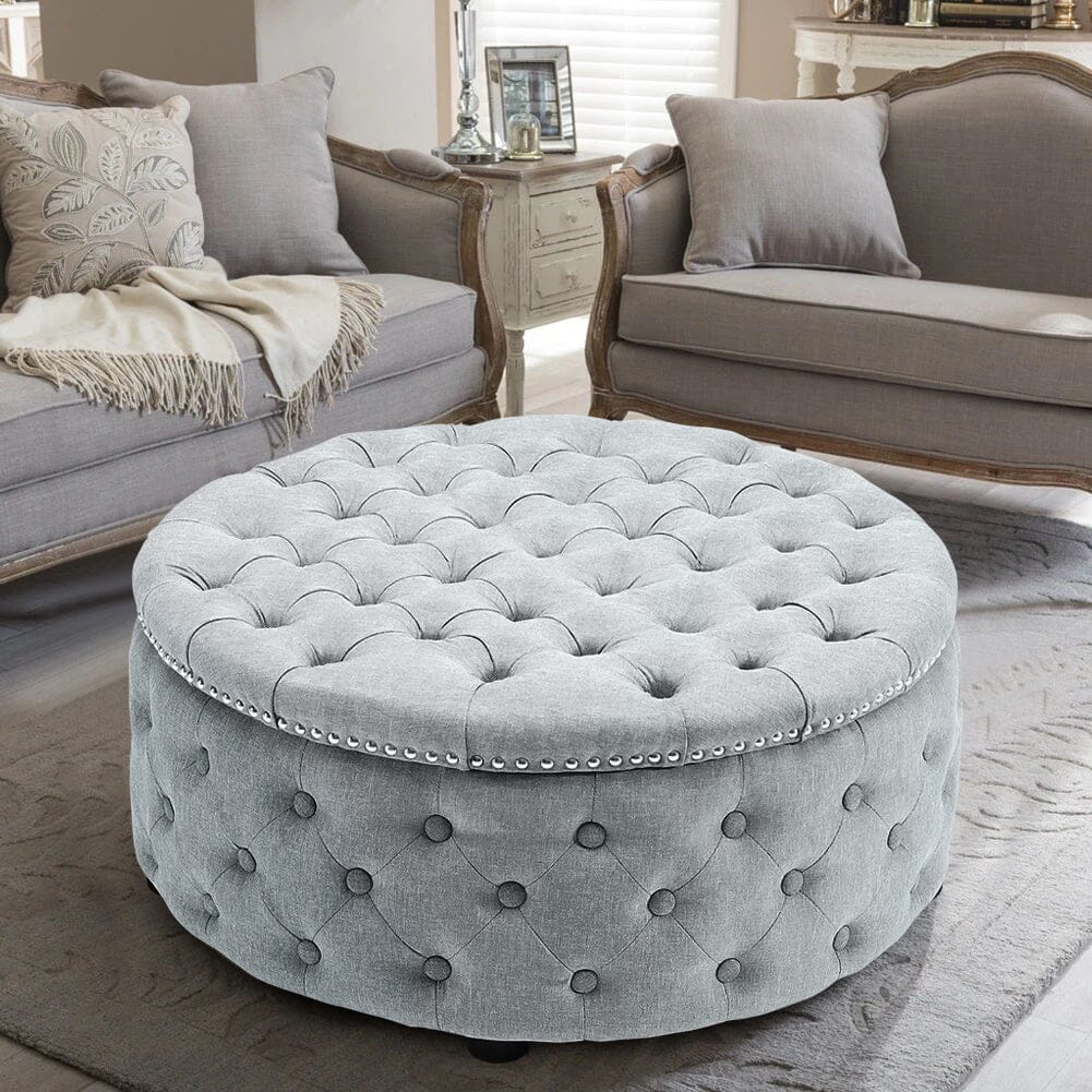 Dia 75cm Linen Tufted Round Cocktail Ottoman with Solid Wood Footstools Living and Home Grey White 