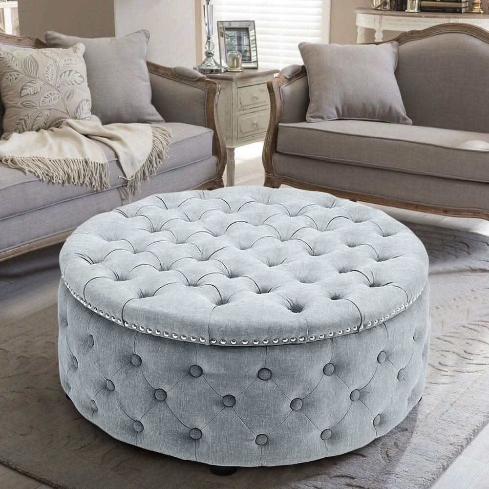 Dia 75cm Linen Tufted Round Cocktail Ottoman Solid Wood