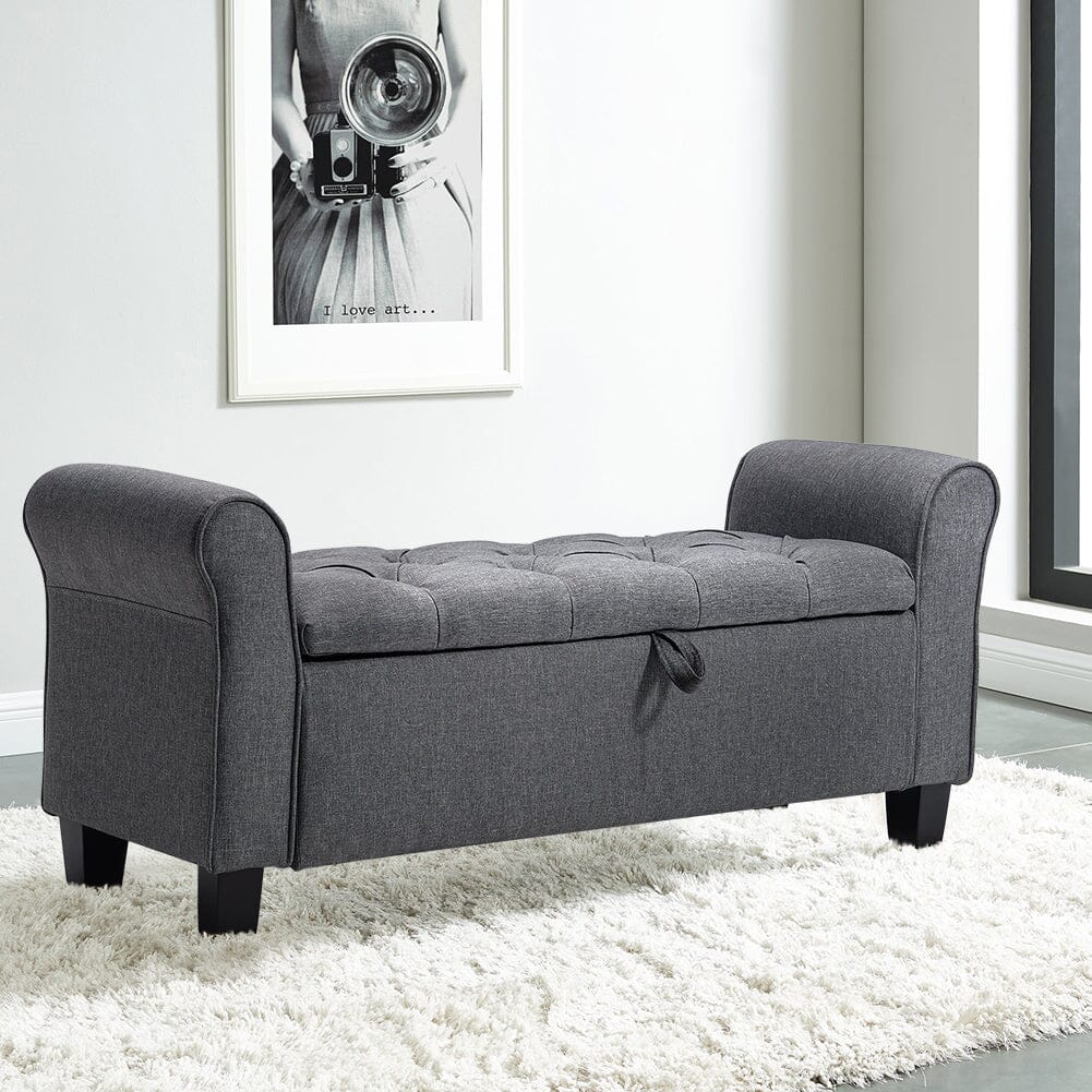 Deep Grey Linen Storage Footstool 115x40x48cm with Three-Row Tufting Living and Home 
