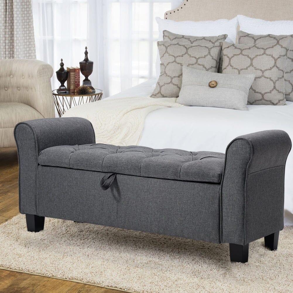 Deep Grey Linen Storage Footstool 115x40x48cm with Three-Row Tufting Living and Home 