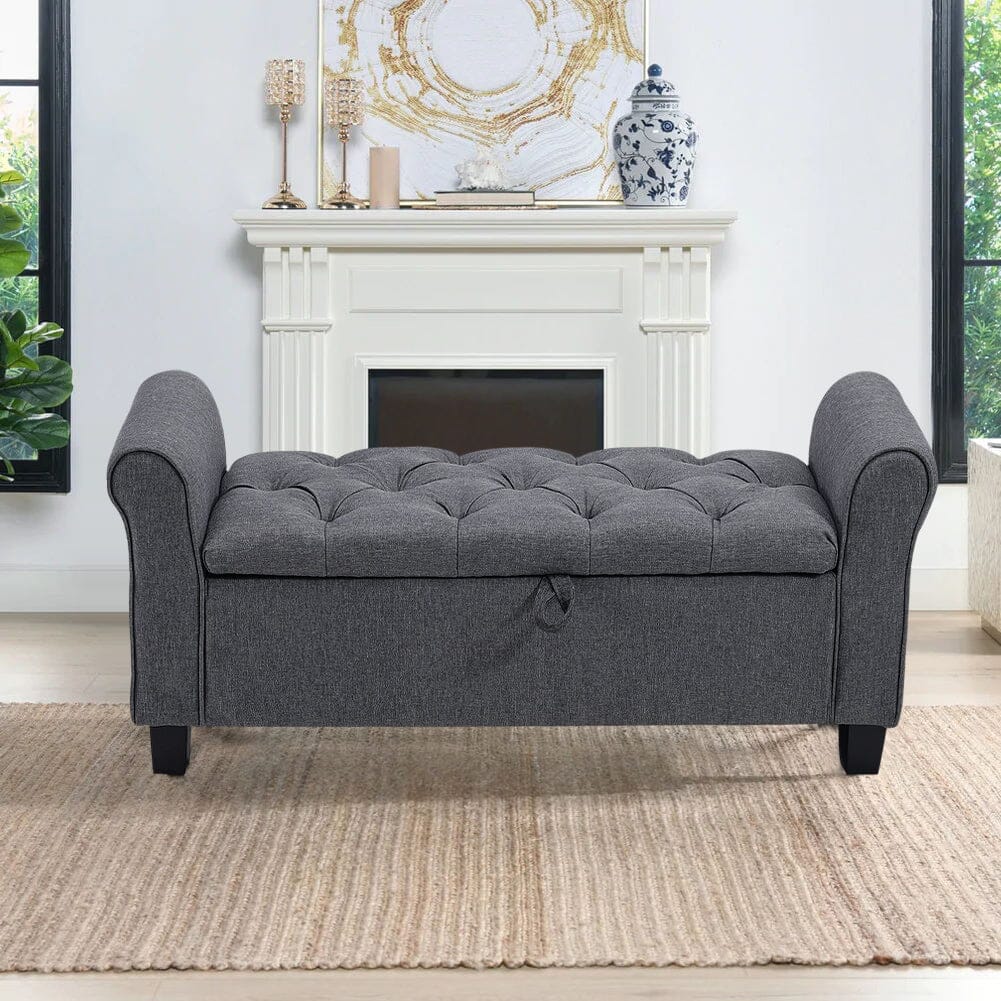 Deep Grey Linen Storage Footstool 115x40x48cm with Three-Row Tufting Living and Home 