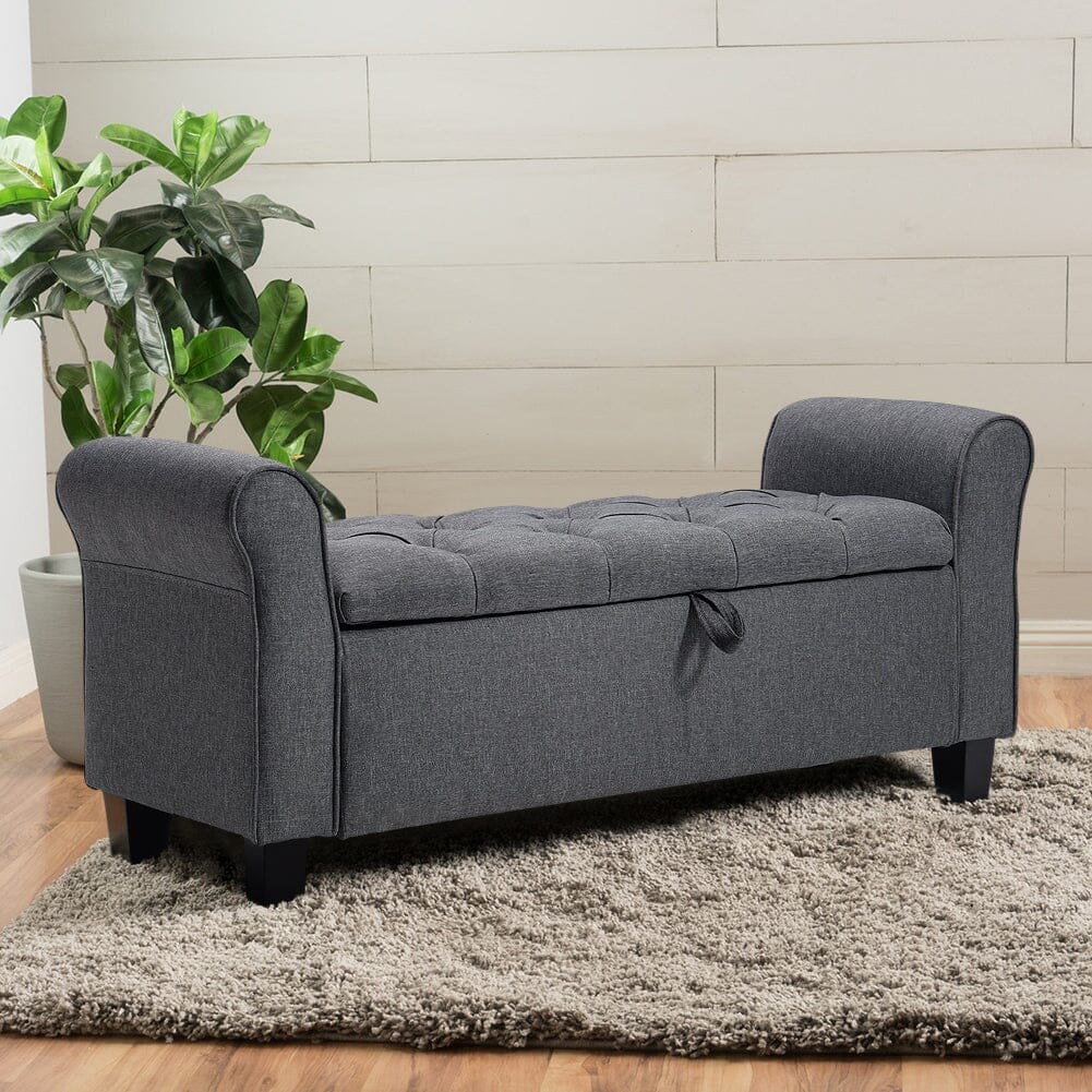 Deep Grey Linen Storage Footstool 115x40x48cm with Three-Row Tufting Living and Home 