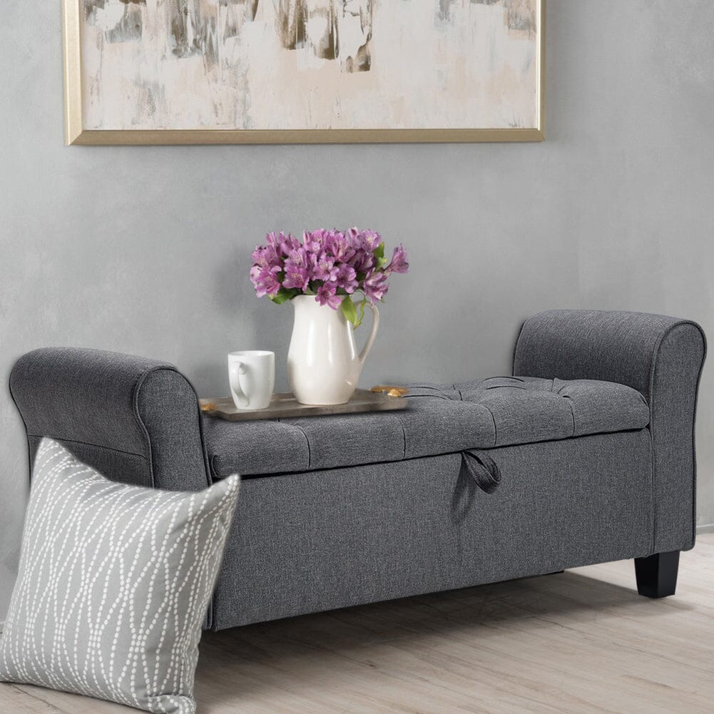 Deep Grey Linen Storage Footstool 115x40x48cm with Three-Row Tufting Living and Home 