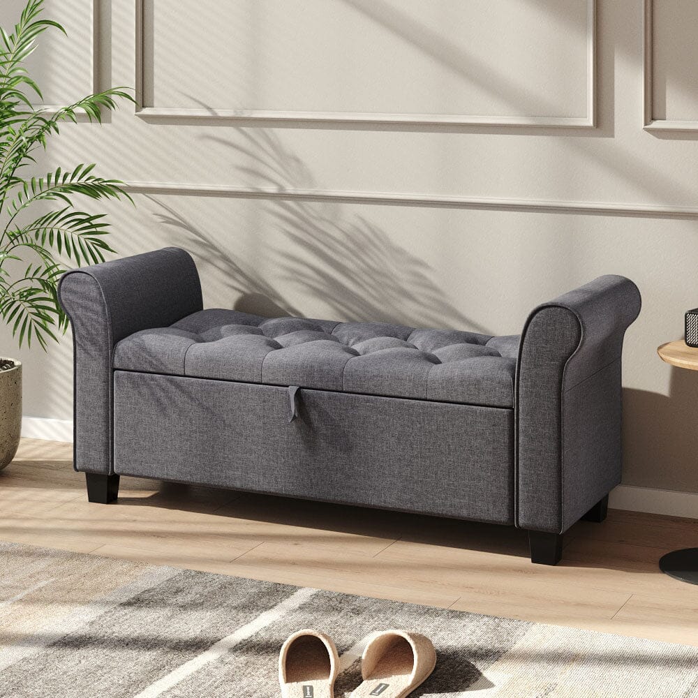 Deep Grey Linen Storage Footstool 115x40x48cm with Three-Row Tufting Living and Home 