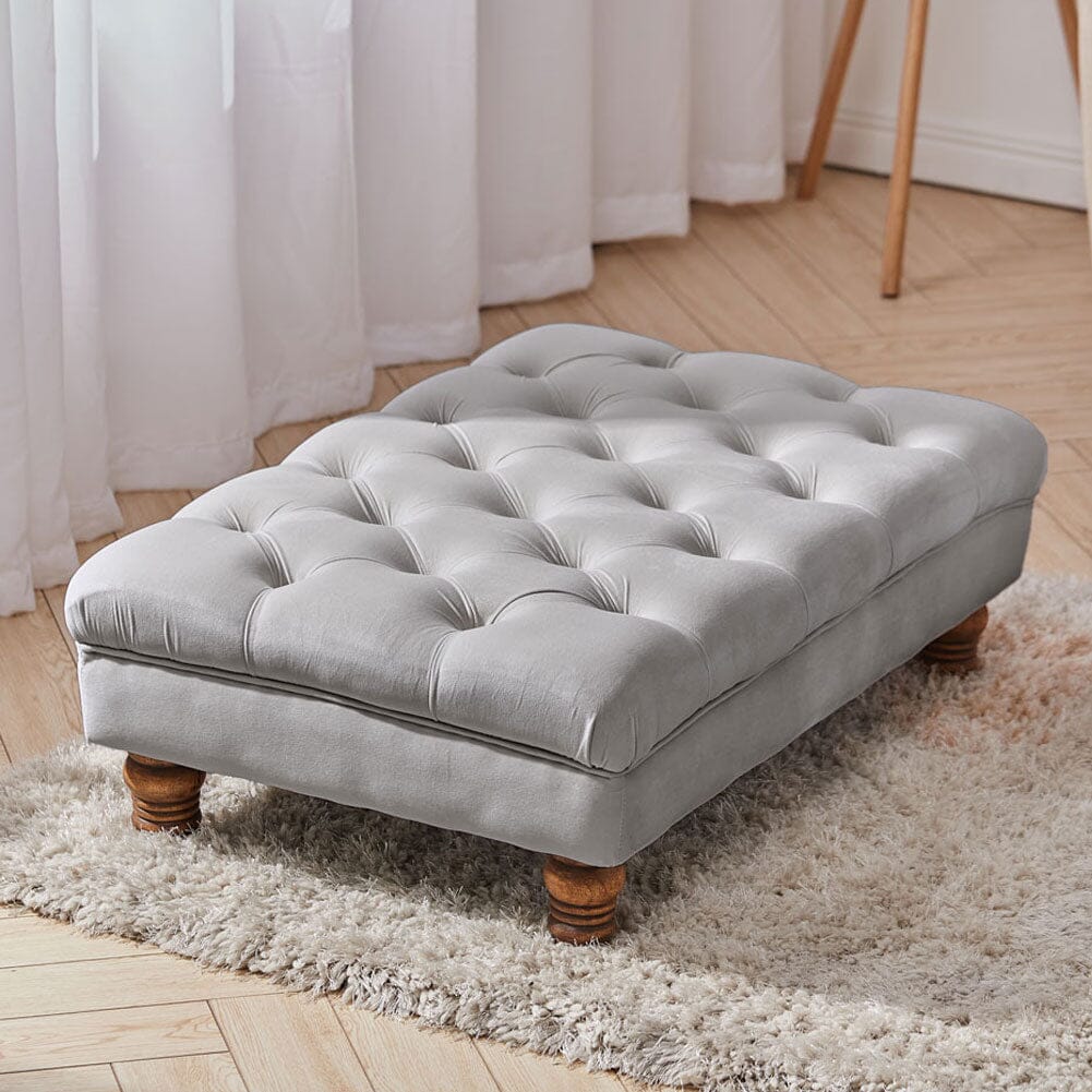 Tufted Upholstered Bench Velvet Fabric with Piped Edging and Turned Bun Feet Living and Home Grey 