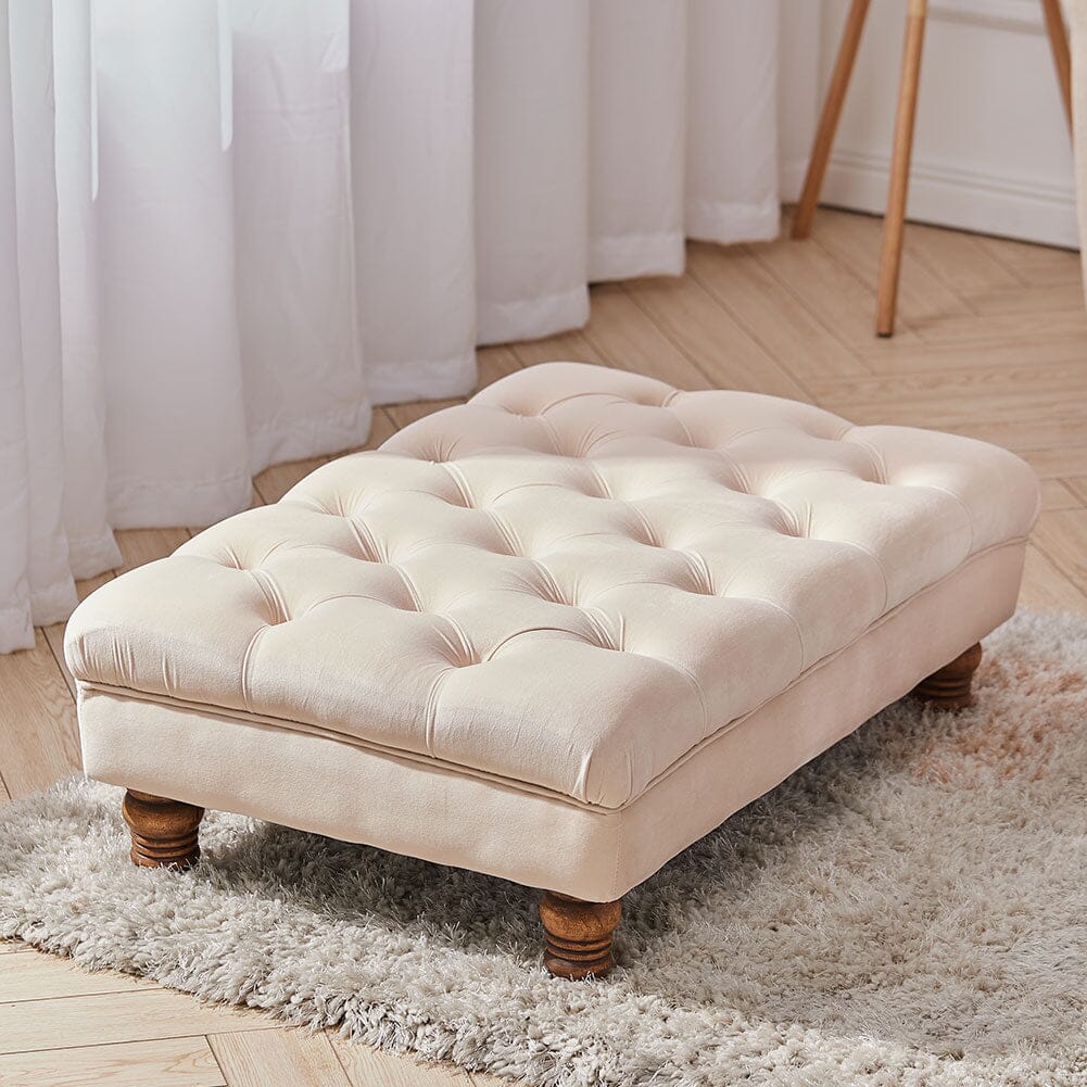 Tufted Upholstered Bench Velvet Fabric with Piped Edging and Turned Bun Feet Living and Home Beige 
