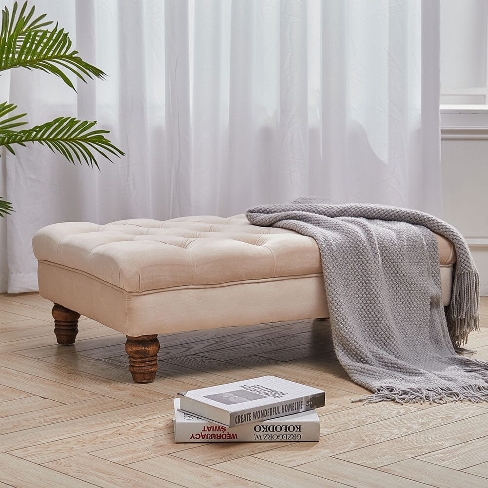 Tufted Upholstered Bench Velvet Fabric with Piped Edging and Turned Bun Feet Living and Home 