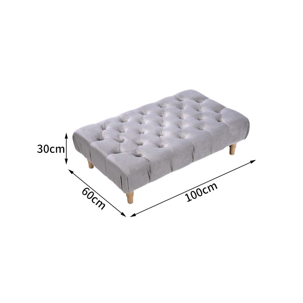 Chesterfield Style Tufted Ottoman Bench Grey Velvet with Natural Wood Legs Living and Home 
