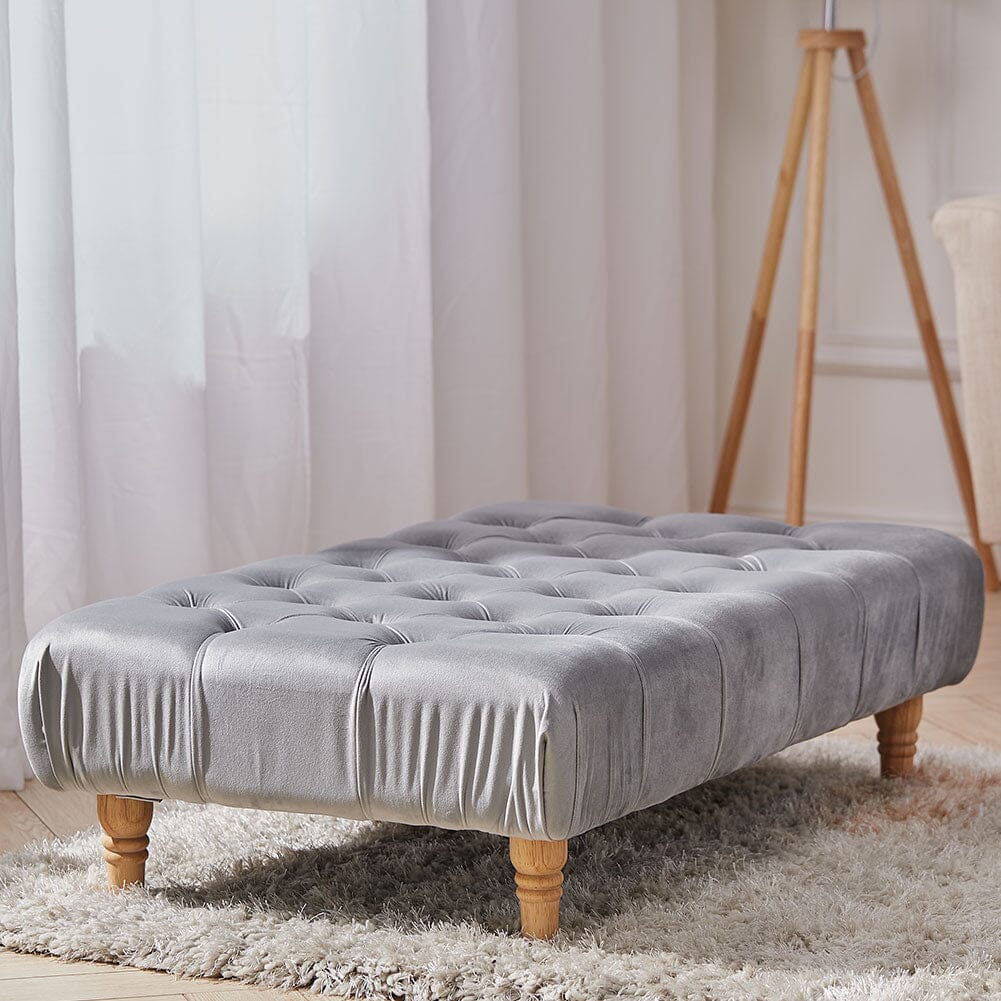 Chesterfield Style Tufted Ottoman Bench Grey Velvet with Natural Wood Legs Living and Home 
