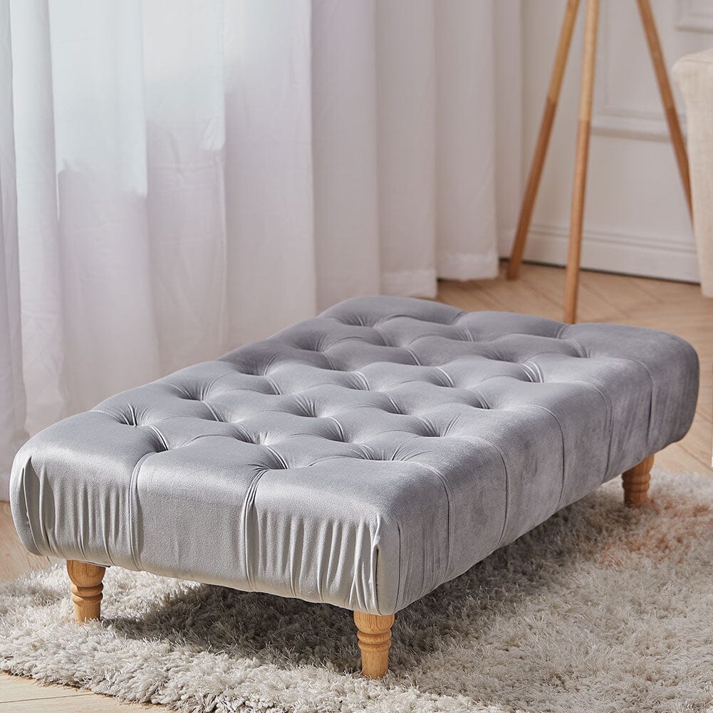 Chesterfield Style Tufted Ottoman Bench Grey Velvet with Natural Wood Legs Living and Home 