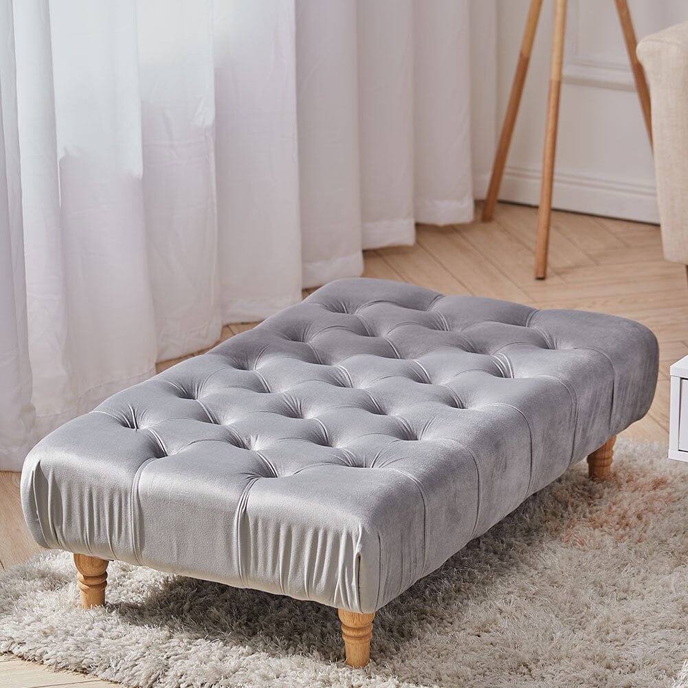 Chesterfield Style Tufted Ottoman Bench Grey Velvet with Natural Wood Legs Living and Home 