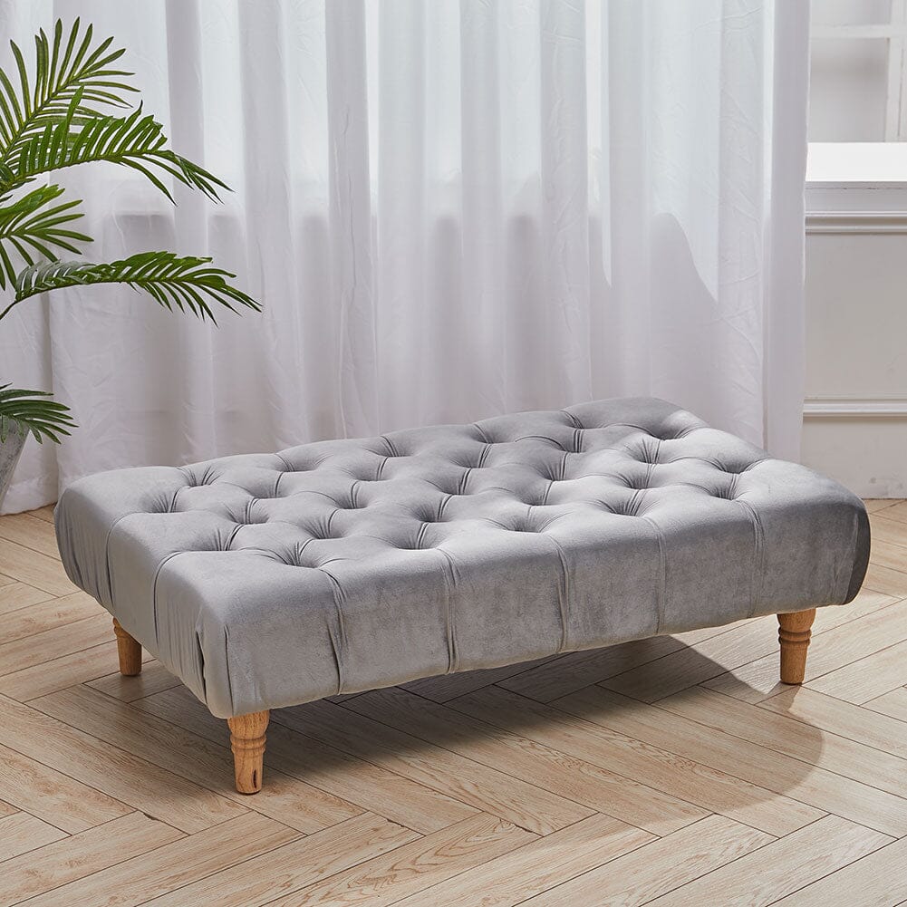Chesterfield Style Tufted Ottoman Bench Grey Velvet with Natural Wood Legs Living and Home 