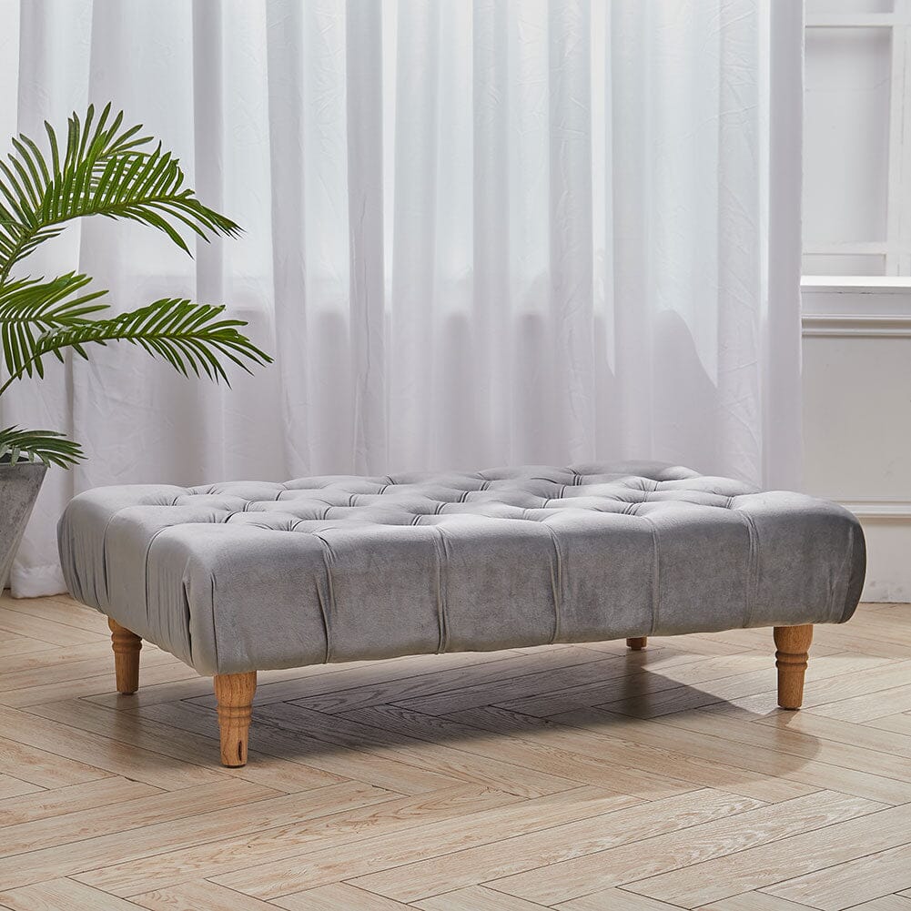 Chesterfield Style Tufted Ottoman Bench Grey Velvet with Natural Wood Legs Living and Home 