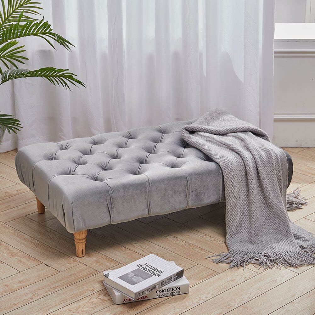 Chesterfield Style Tufted Ottoman Bench Grey Velvet with Natural Wood Legs Living and Home 