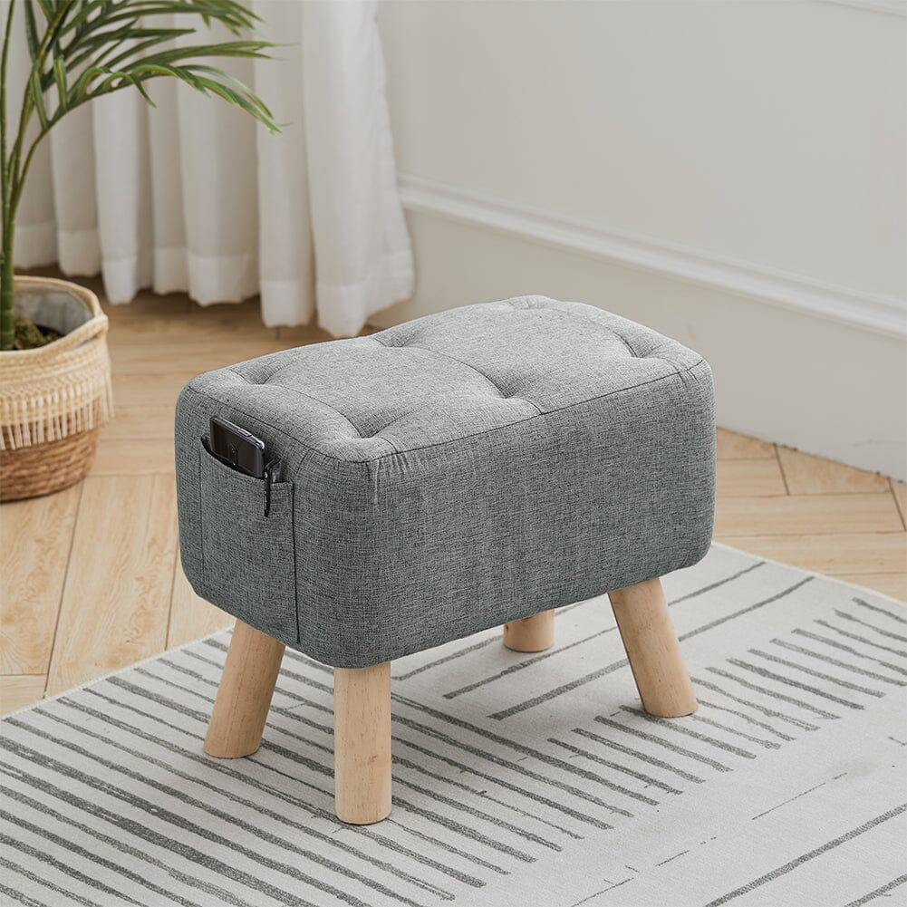 Linen Fabric Footstool Collection: Tufted Stool with Side Pocket & Low-Profile Footrest Living and Home 
