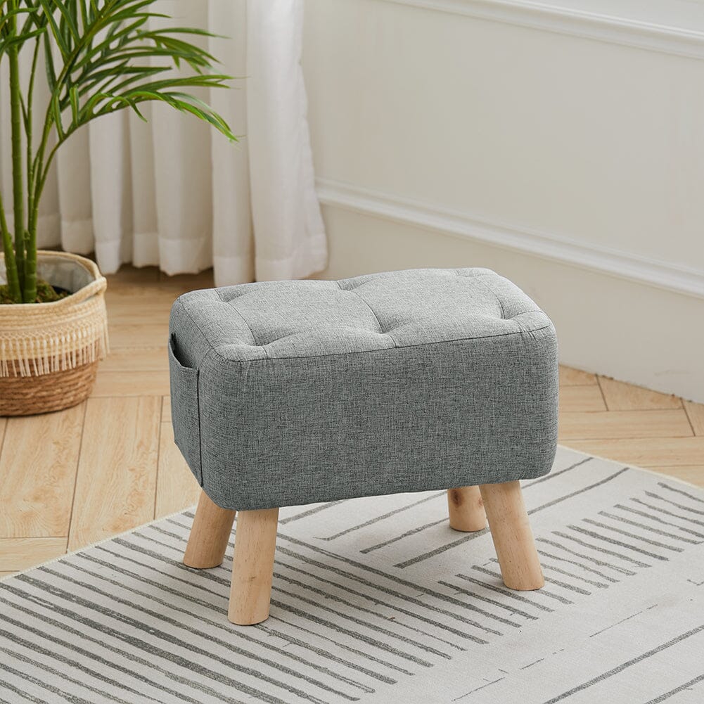 Linen Fabric Footstool Collection: Tufted Stool with Side Pocket & Low-Profile Footrest Living and Home Tufted Stool with Side Pocket Grey 
