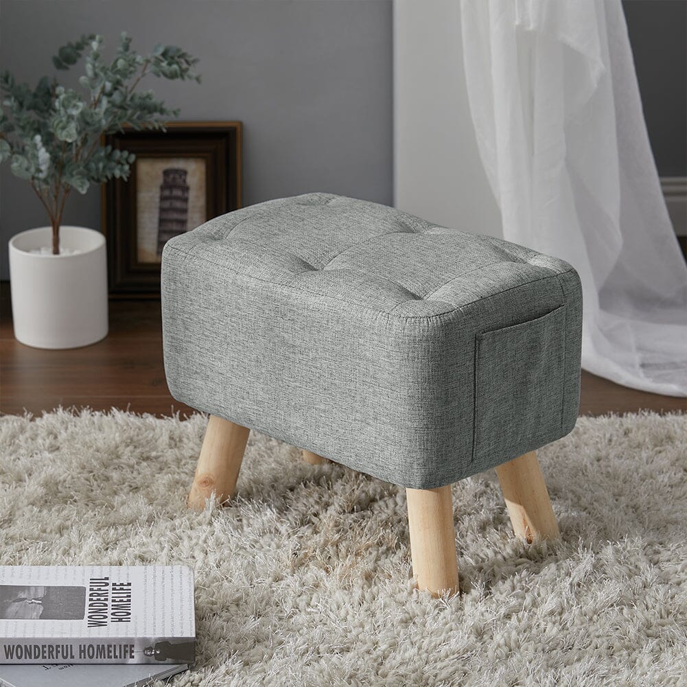 Linen Fabric Footstool Collection: Tufted Stool with Side Pocket & Low-Profile Footrest Living and Home 