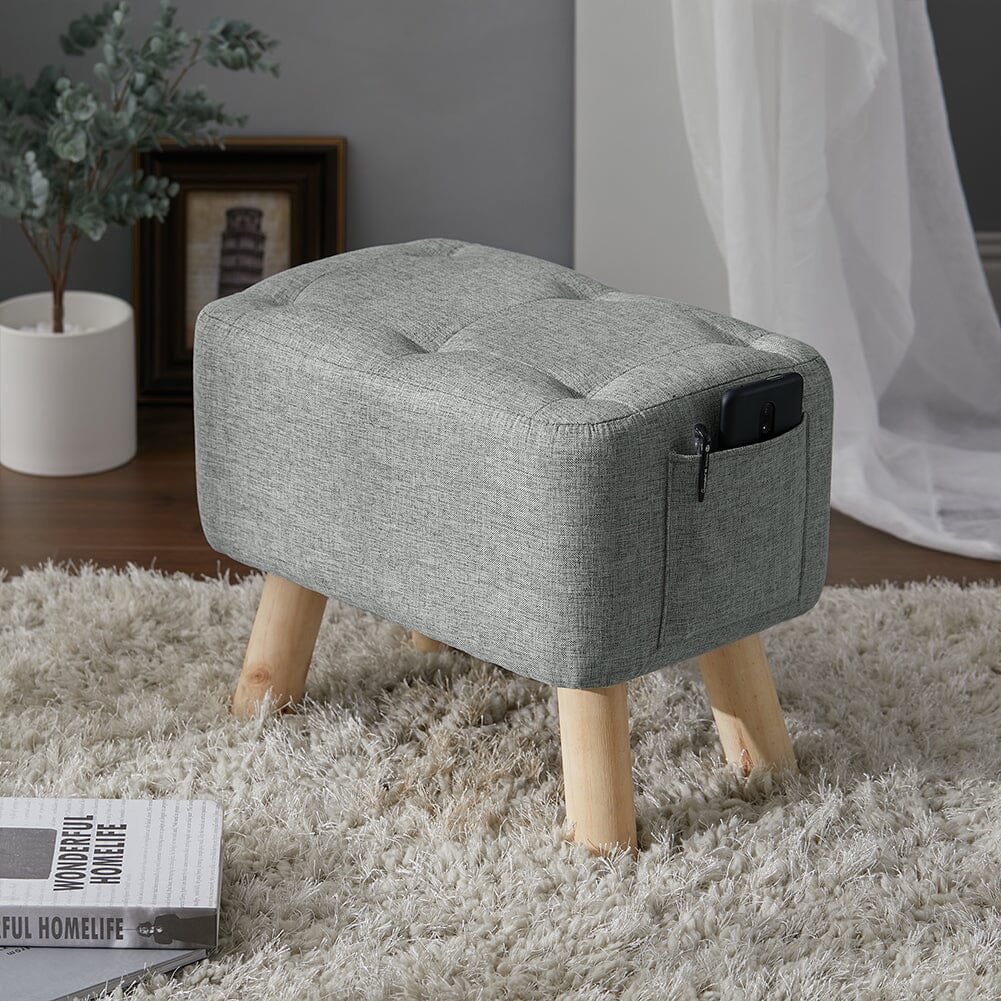 Linen Fabric Footstool Collection: Tufted Stool with Side Pocket & Low-Profile Footrest Living and Home 